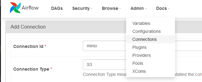 Airflow Connection 1: Access Connection Panel from Admin Menu