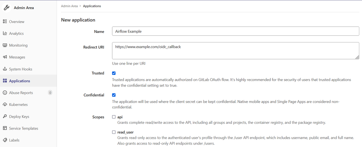 GitLab Airflow SSO: Create GitLab instance application instance in AirFlow