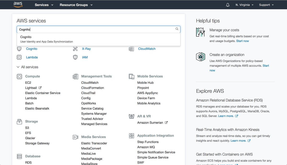 Sonador Auth: AWS Console Cognito